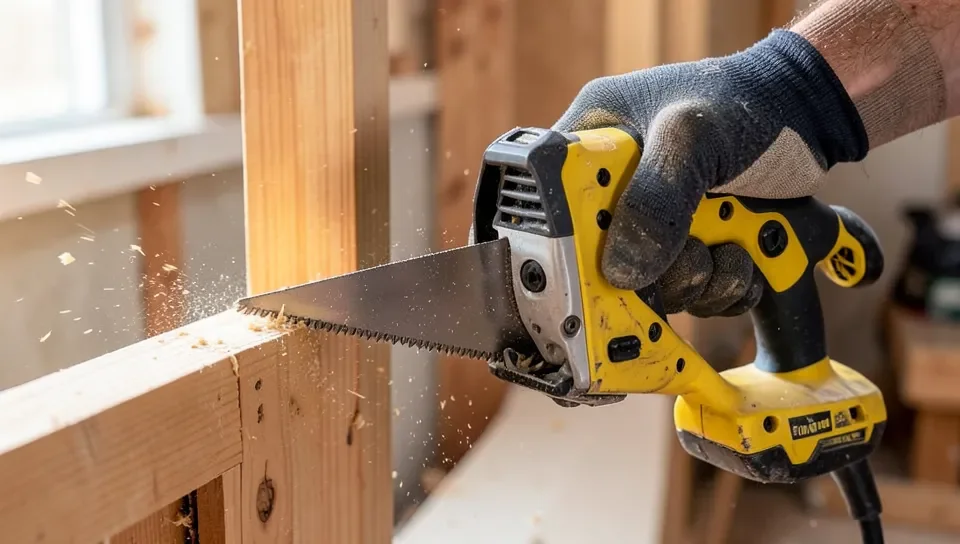 DeWalt reciprocating saw cutting through a wooden stud during a renovation