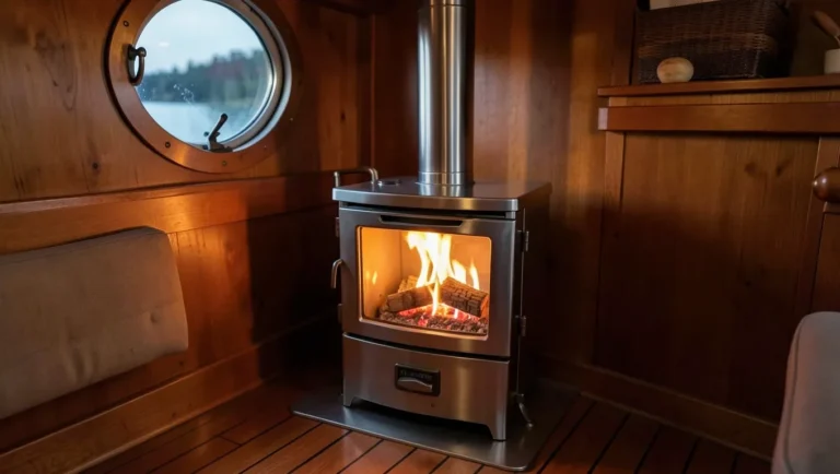 Dickinson Marine wood-burning heater installed in a boat cabin interior