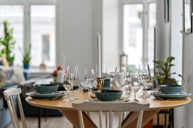 A set dining table showing how a wood table mat would sit under dishware