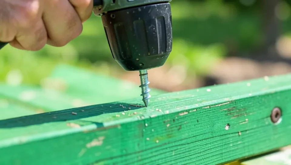 Driving a galvanized deck screw into a pressure-treated wood board outdoors