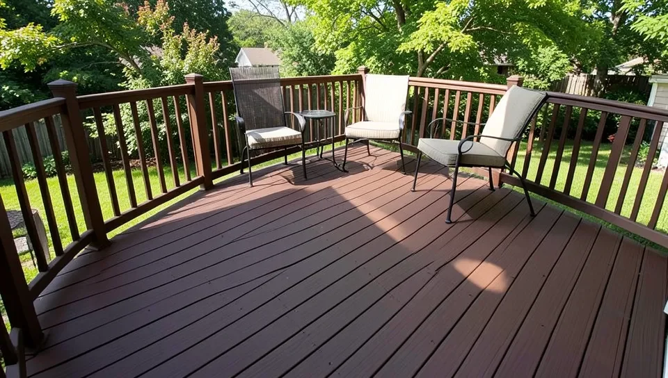 Composite decking installed on a backyard patio with railing and outdoor furniture