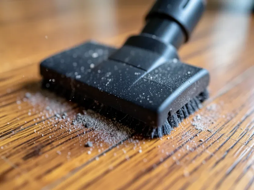 Close-up of a soft roller vacuum head cleaning dust from a hardwood floor