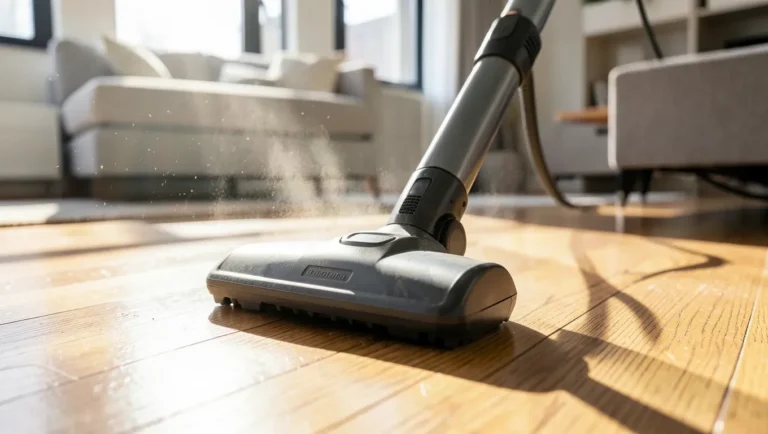 Cordless stick vacuum cleaning a sunlit hardwood floor