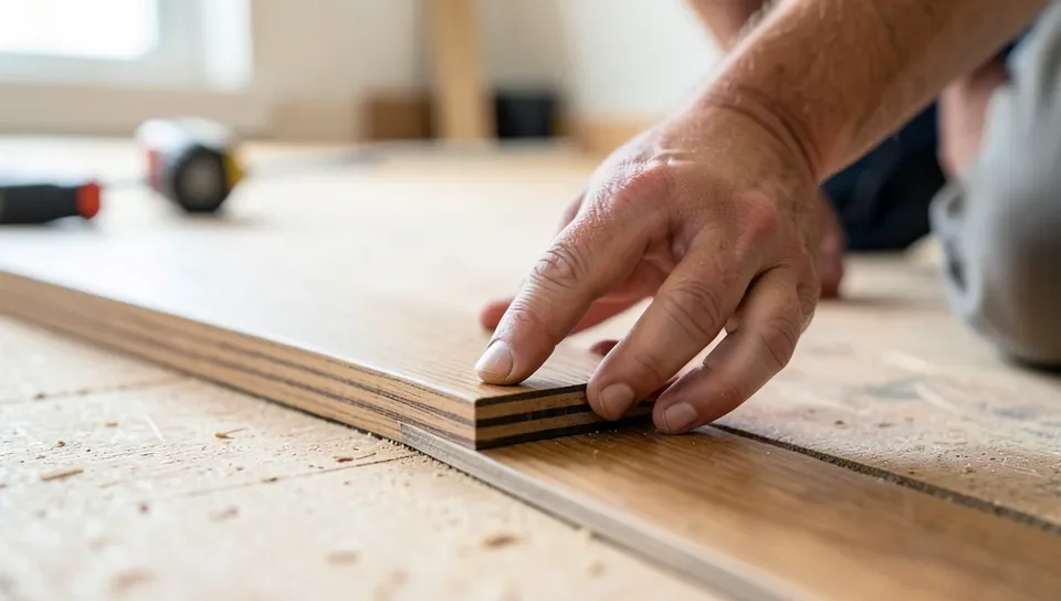 Installer fitting an engineered hardwood click-lock plank during flooring installation