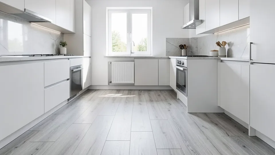 Light gray luxury vinyl plank flooring in a modern kitchen
