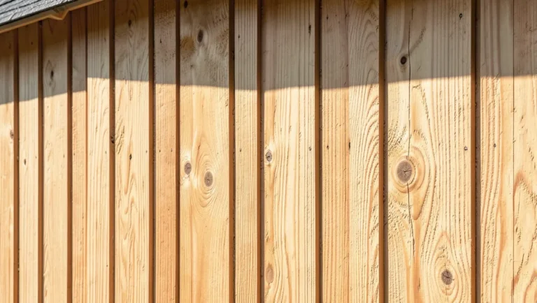 Wooden shed clad in exterior rough sawn plywood siding
