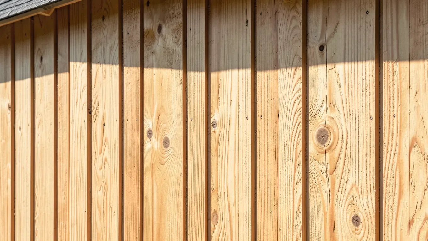 Wooden shed clad in exterior rough sawn plywood siding