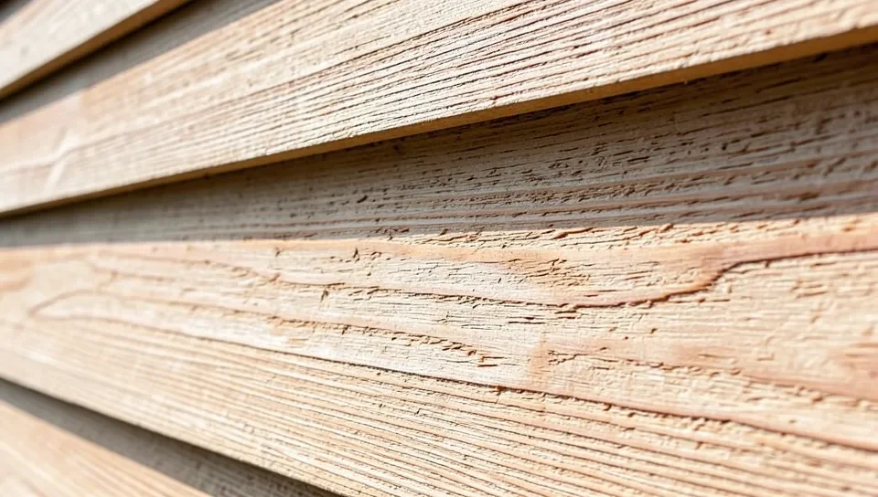 Close-up of rough sawn textured exterior plywood siding on a wall