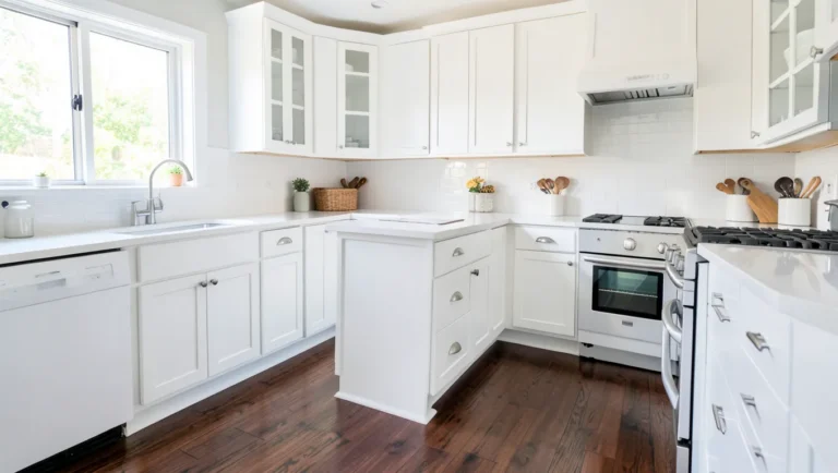 featured white kitchen dark wood floors