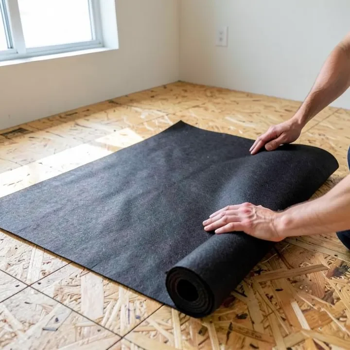 Felt paper underlayment being rolled out across a plywood subfloor before hardwood installation