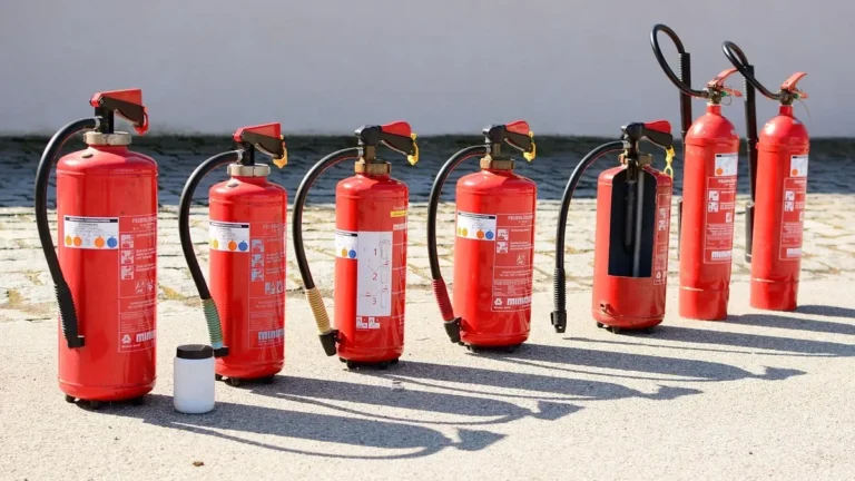 Row of red portable fire extinguishers standing on pavement