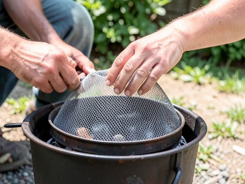 Placing a mesh spark screen dome onto a steel fire pit for ember safety