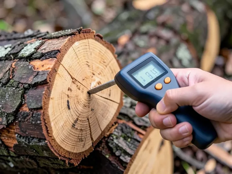 A hand holding a digital moisture meter against a freshly split log to test dryness