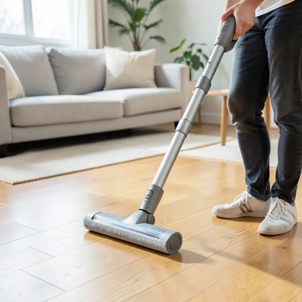 lightweight cordless stick vacuum with soft roller head used on a clean hardwood floor