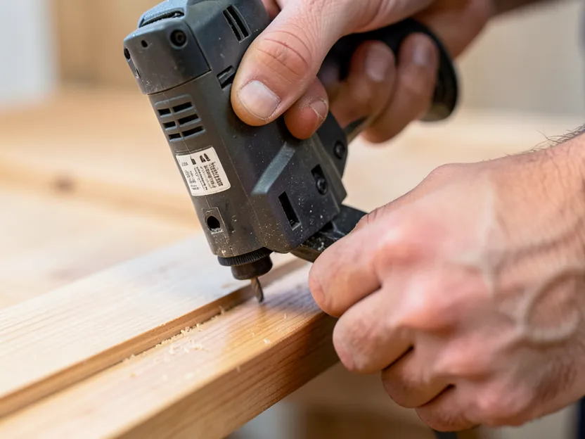 Carpenter using a pneumatic flooring nailer to install solid hardwood boards