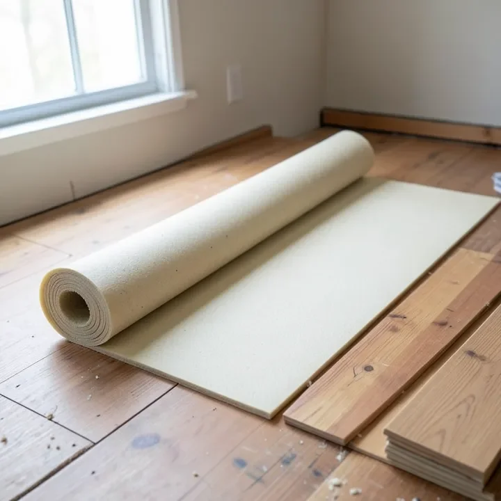 Foam underlayment being rolled out for a floating engineered wood floor installation