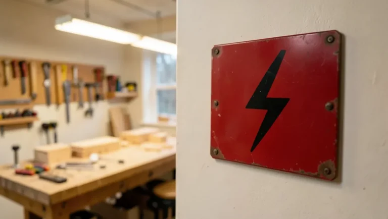 High voltage danger warning sign in a home woodworking workshop