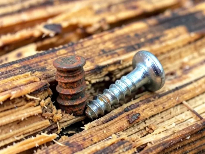 A corroded plain steel screw next to a hot-dip galvanized screw in pressure treated wood
