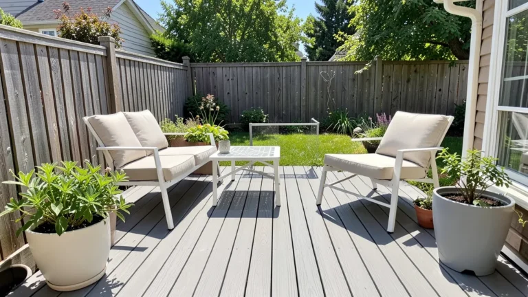 Backyard wood deck painted warm gray with white patio furniture
