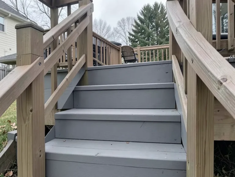 Grey composite decking stairs leading up to a backyard patio deck