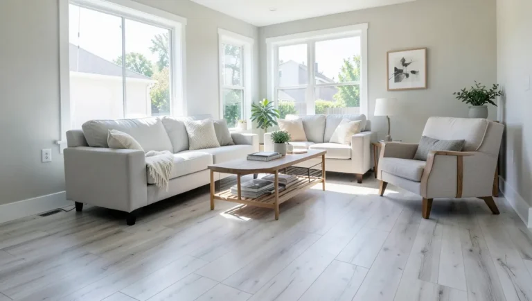 Grey whitewash hardwood floors in a bright modern living room