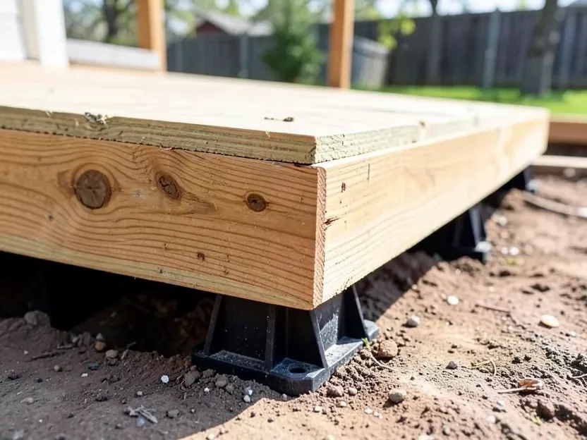 Wood deck frame resting on black adjustable support pedestals instead of dug concrete footings