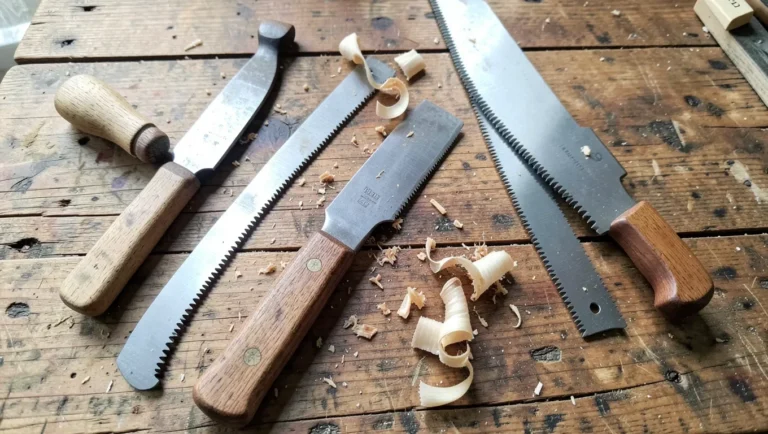 Flat lay of hand-held wood cutting tools including saws and a chisel with wood shavings on a workbench
