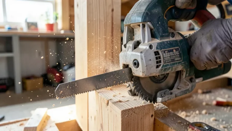 Corded reciprocating saw cutting through a wood stud in a home workshop