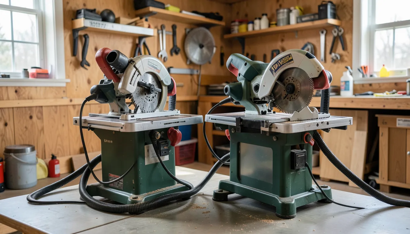A sliding compound miter saw and table saw side by side in a home workshop