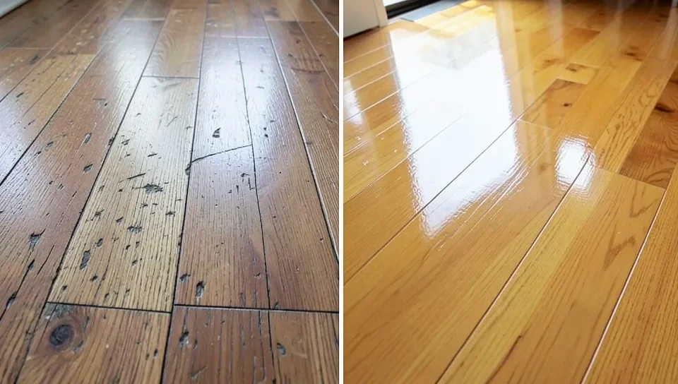 Hardwood floor before and after sanding and refinishing, showing scratched wood next to glossy refinished wood