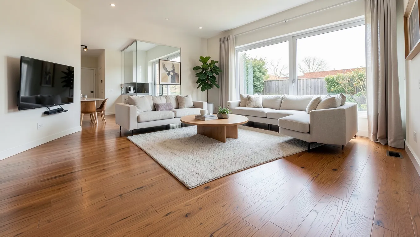 Newly installed solid oak hardwood floor in a bright living room