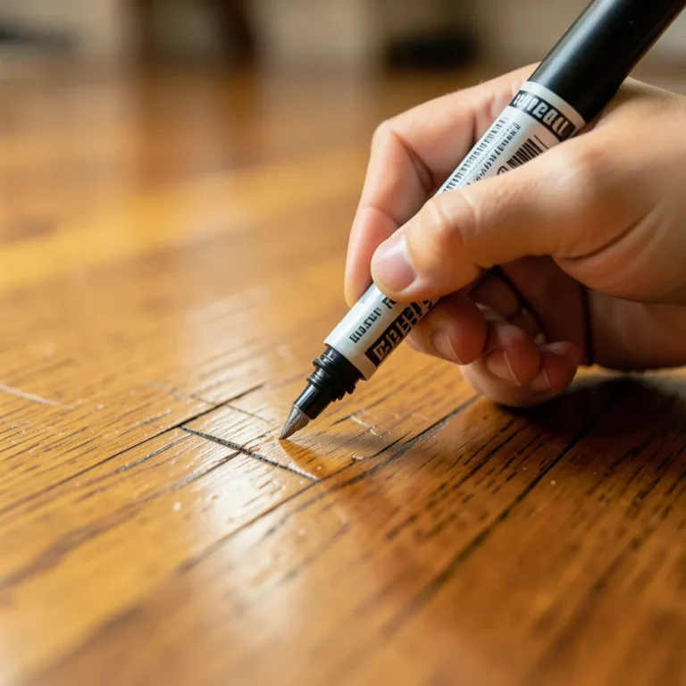 Using a wood touch-up marker pen to repair a scratch on a hardwood floor