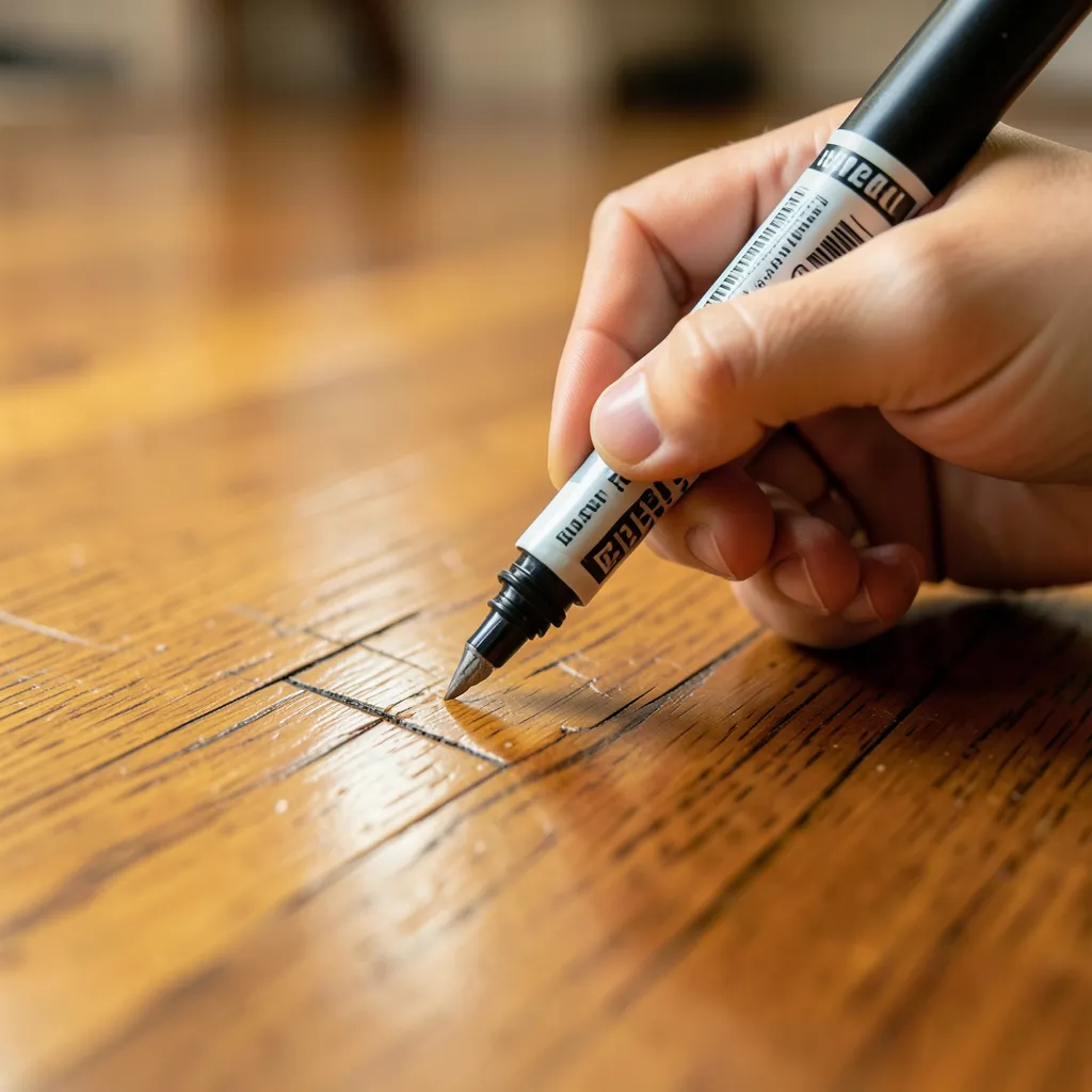 Using a wood touch-up marker pen to repair a scratch on a hardwood floor