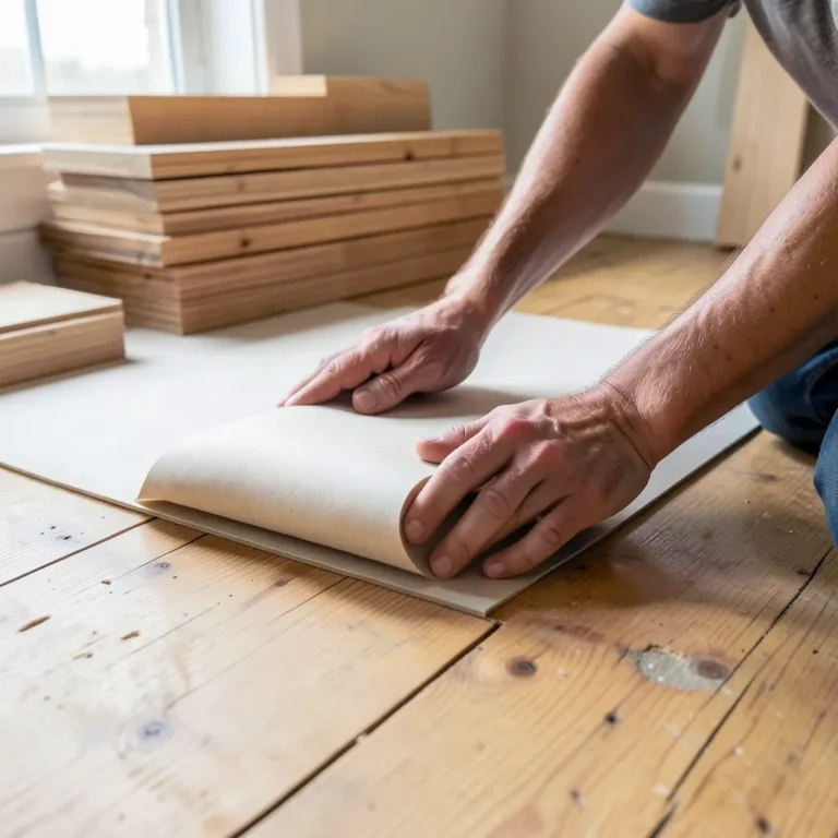 Rolling out underlayment across a subfloor before hardwood flooring installation