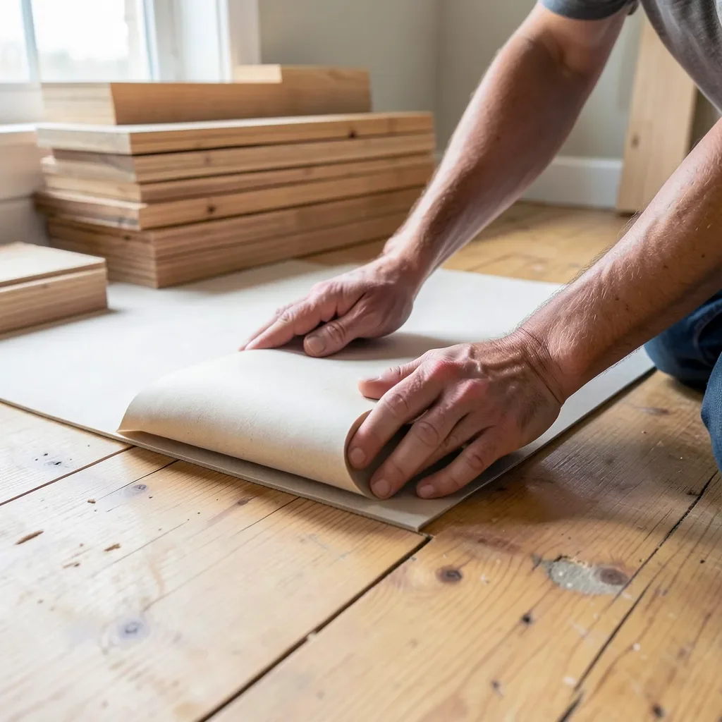 Rolling out underlayment across a subfloor before hardwood flooring installation