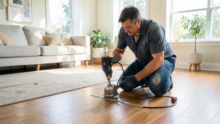 Contractor installing solid hardwood flooring with a pneumatic flooring nailer
