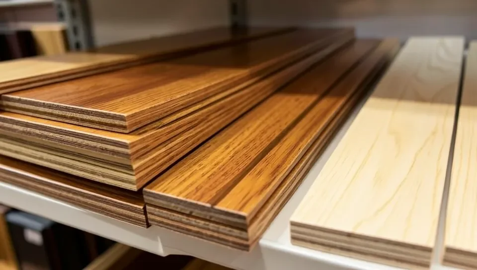 Stacked hickory and white oak hardwood flooring plank samples in a showroom