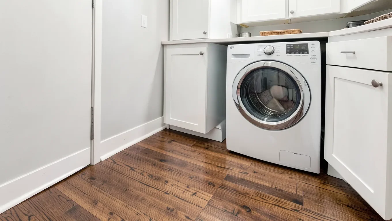 Engineered hardwood is the safer wood-look option for a laundry room