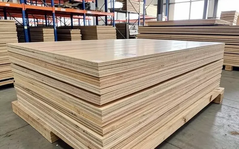 Stacked hardwood plywood sheets and lumber boards at a building materials supply yard