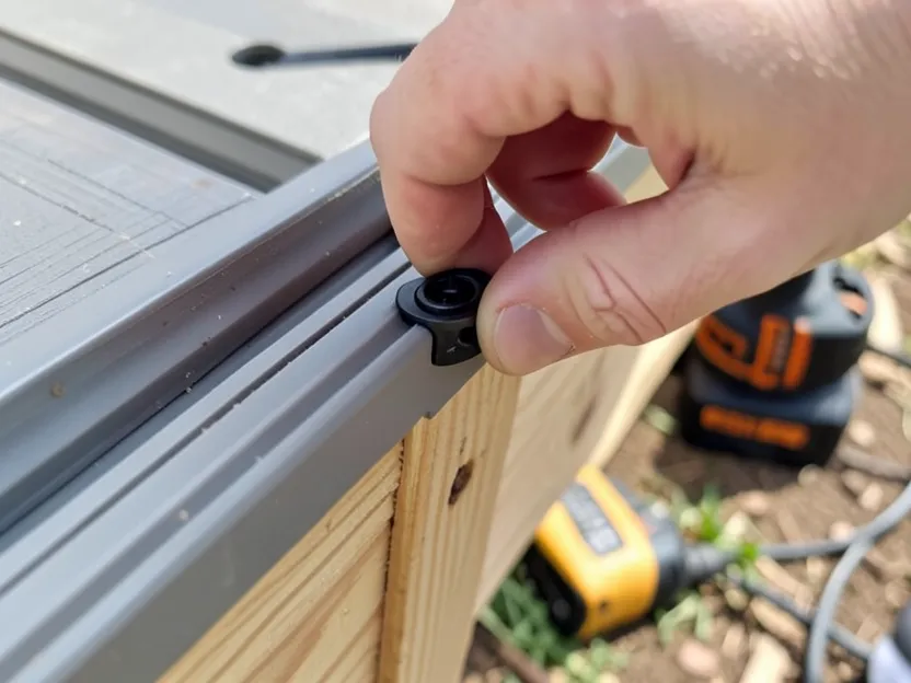 Hand installing a black hidden fastener clip into the groove of a composite deck board over a wood joist