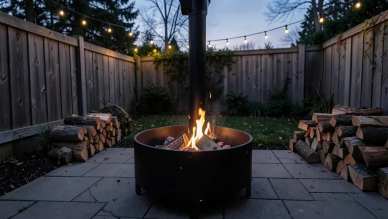Black steel wood-burning fire pit burning logs on a backyard patio at dusk
