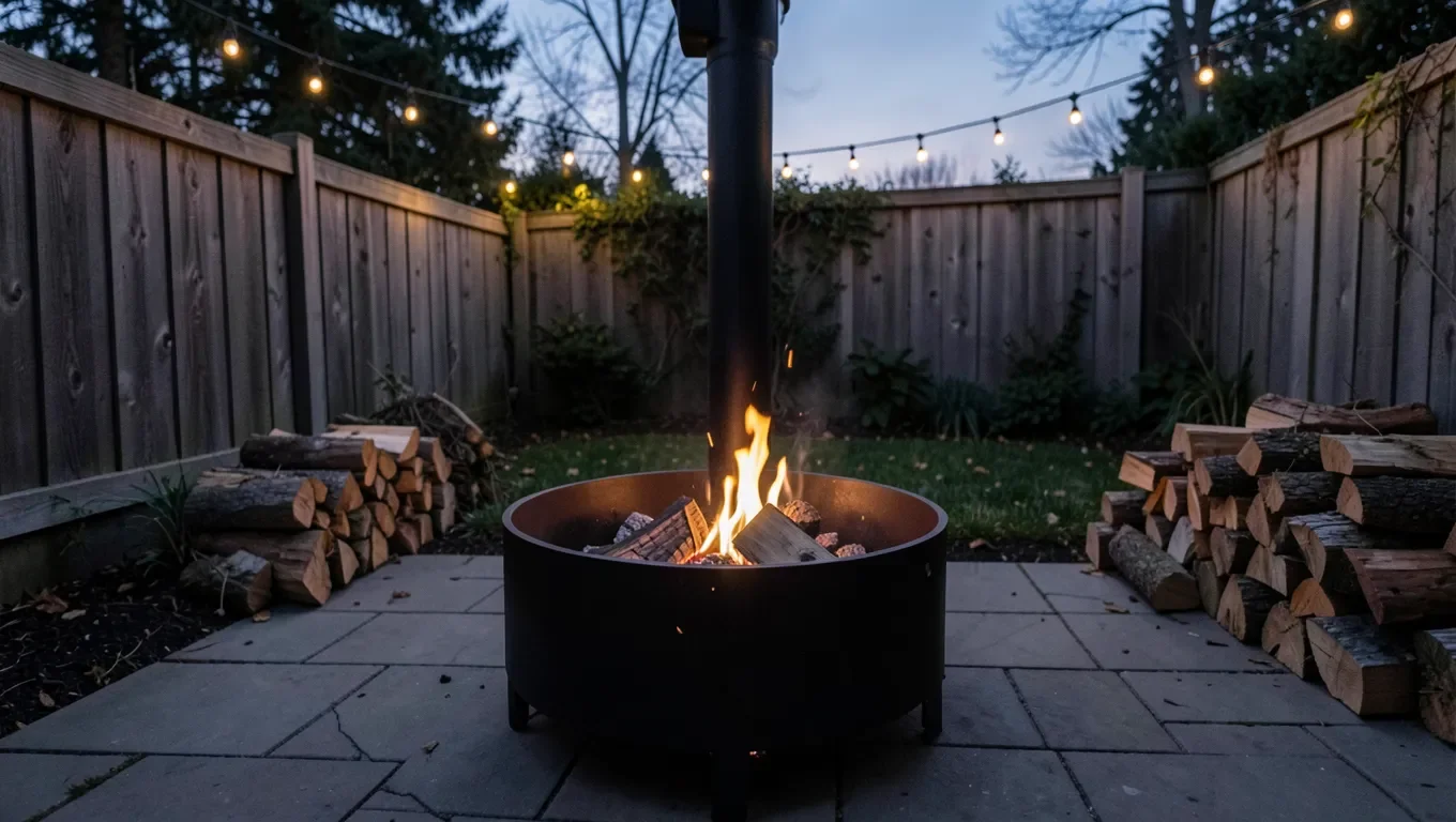 Black steel wood-burning fire pit burning logs on a backyard patio at dusk