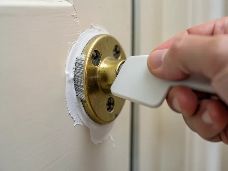 Scraping softened paint off a brass hinge