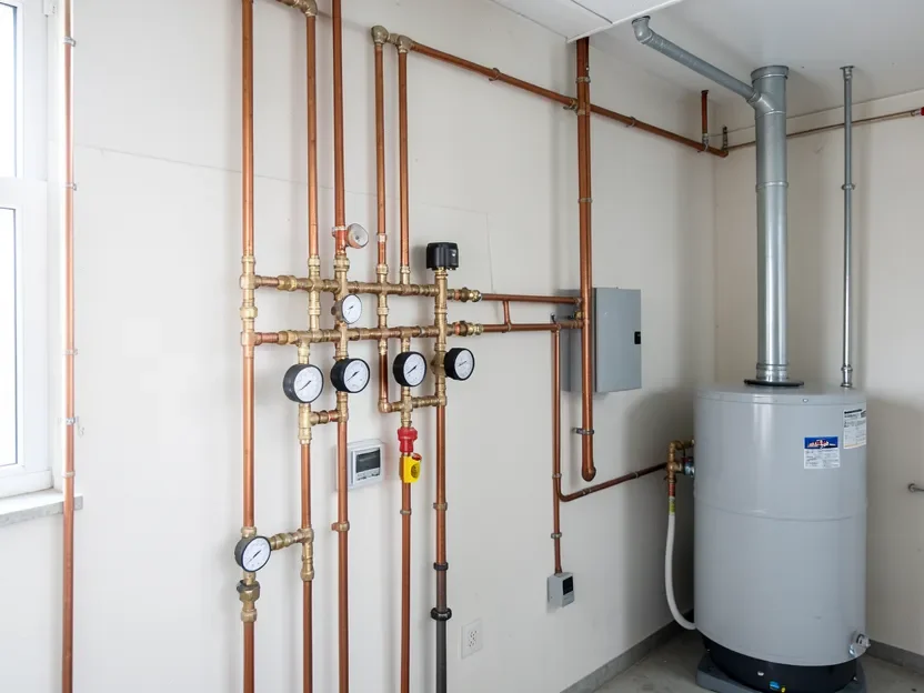 Wall-mounted hydronic heating manifold with pressure gauges and a residential boiler in a mechanical room