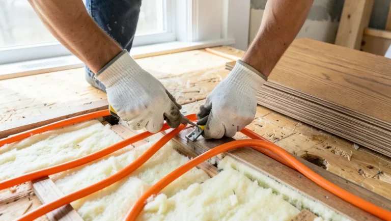 Technician stapling orange PEX tubing to a plywood subfloor over insulation with engineered hardwood staged nearby