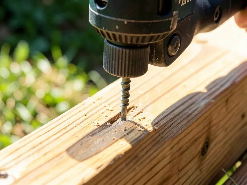 Deck screw being driven into a pressure-treated 5/4 deck board with a drill