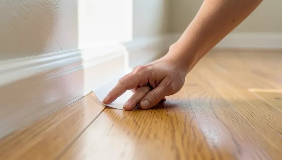 Pressing down an adhesive cord cover onto a hardwood floor