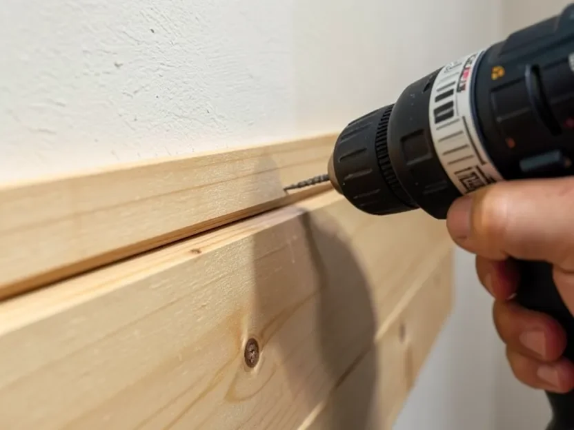 Installing pine shiplap planks, showing the overlapping groove joint