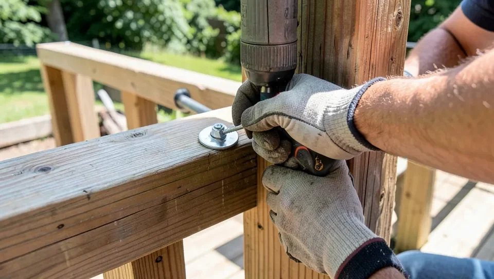 Installing a corrosion-resistant screw into a pressure-treated handrail post with a drill