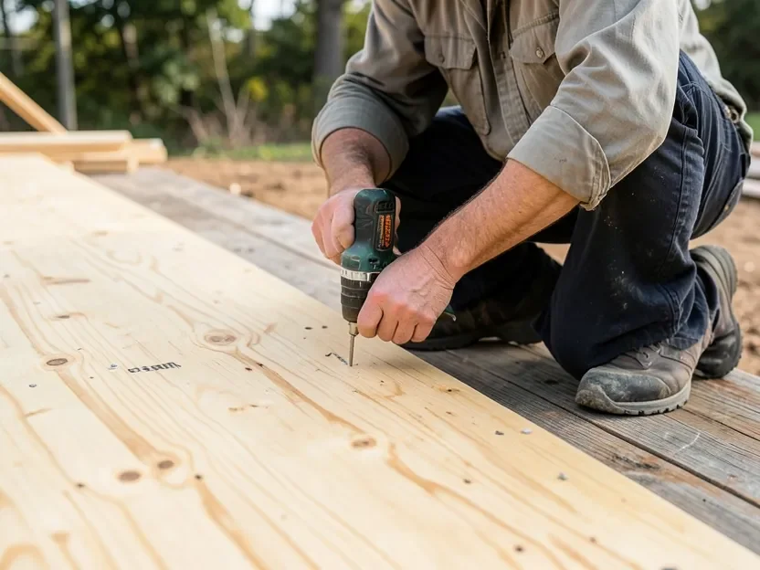 Carpenter installing a sheet of pressure-treated plywood subfloor on a deck frame with a cordless drill